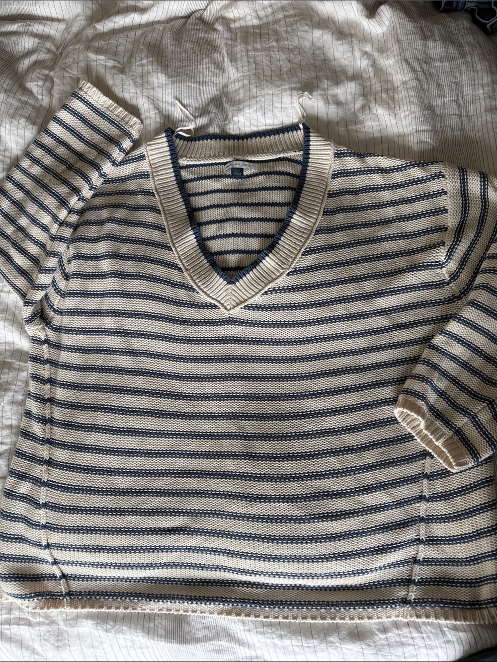 American Eagle Outfitters Cream and Navy Striped V-Neck Sweater